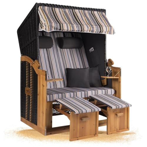 Strandkorb Hanse Strandkorb Ostsee XXL Volllieger Anthrazit - 2-Sitzer 120cm breit, ideal für Garten, Terrasse und Balkon (Oliv Grau Weiß Gestreift, Montiert) von Strandkorb Hanse