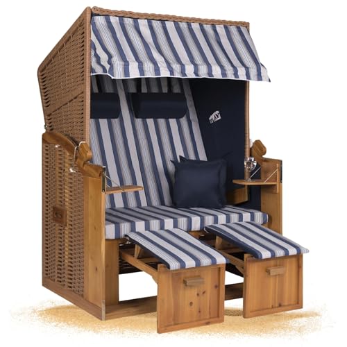 Strandkorb Hanse Strandkorb Ostsee XXL Volllieger Blau - 2-Sitzer 120cm breit, ideal für Garten, Terrasse und Balkon (Blau Weiß Grau Gestreift, zerlegt) von Strandkorb Hanse