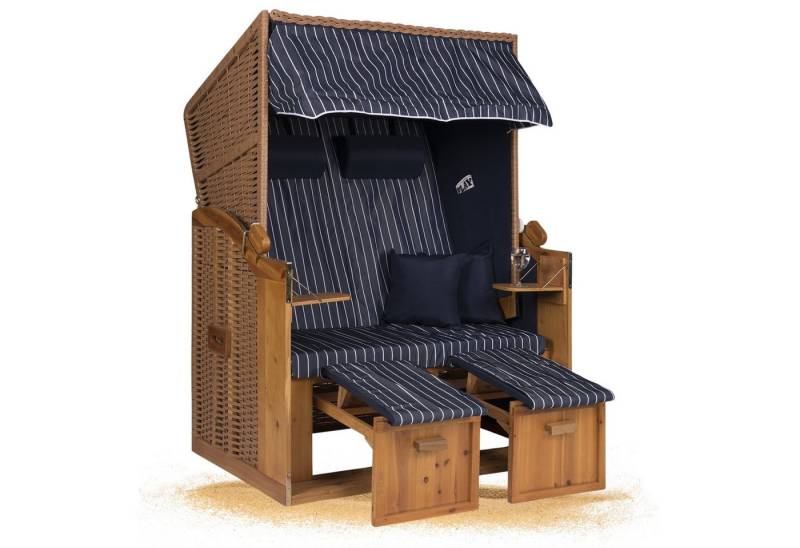 Strandkorb Hanse Strandkorb Strandkorb Ostsee Blau C Nadelstreifen blau weiß aufgebaut, BxTxH: 120x110x160 cm, Volllieger, Ostsee.Modell, (1-tlg), Stabiles Wacholder mit handgefertigtem Polyrattangeflecht von Strandkorb Hanse