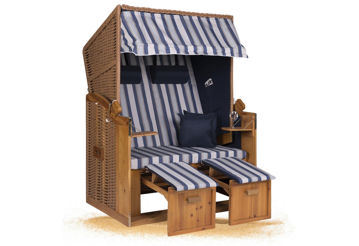 Strandkorb Hanse Strandkorb Strandkorb Ostsee Blau D weiß blau grau gestreift, BxTxH: 120x110x160 cm, Volllieger, Ostsee.Modell, (1-tlg), Stabiles Wacholder mit handgefertigtem Polyrattangeflecht von Strandkorb Hanse