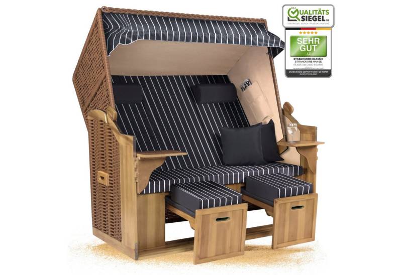 Strandkorb Hanse Strandkorb Strandkorb XXL 2,5-Sitzer Volllieger Grau Weiß Nadelstreifen Zerlegt, BxTxH: 150x80x160 cm, Ostsee XXL Volllieger, Ostsee 2,5-Sitzer Modell 2025, Stabiles Wacholder mit handgefertigtem Polyrattangeflecht von Strandkorb Hanse
