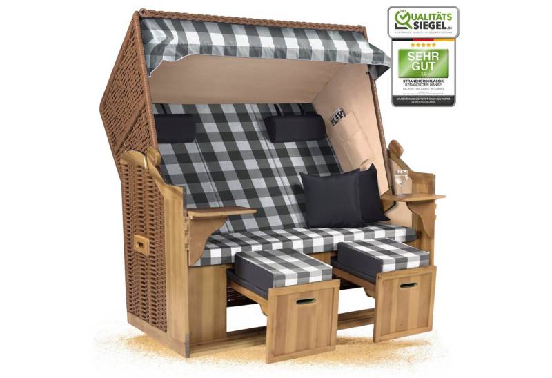 Strandkorb Hanse Strandkorb Strandkorb XXL Ostsee 2,5-Sitzer Volllieger Grau Weiß Kariert Montiert, BxTxH: 150x80x160 cm, Ostsee XXL Volllieger, Ostsee 2,5-Sitzer Modell 2025, Stabiles Wacholder mit handgefertigtem Polyrattangeflecht von Strandkorb Hanse