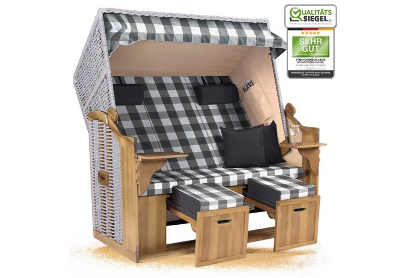 Strandkorb Hanse Strandkorb Strandkorb Ostsee 2,5-Sitzer Volllieger Grau Weiß Kariert Montiert, BxTxH: 150x80x160 cm, Ostsee XXL Volllieger, Ostsee 2,5-Sitzer Modell 2025, Stabiles Wacholder mit handgefertigtem Polyrattangeflecht von Strandkorb Hanse