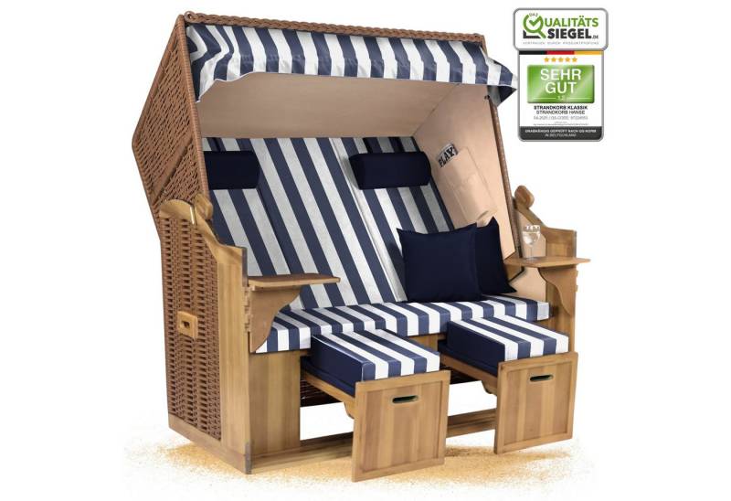 Strandkorb Hanse Strandkorb Strandkorb XXL 2,5 Sitzer Volllieger Blau Weiß Blockstreifen Montiert, BxTxH: 150x80x160 cm, Ostsee XXL Volllieger, Ostsee 2,5-Sitzer Modell 2025, Stabiles Wacholder mit handgefertigtem Polyrattangeflecht von Strandkorb Hanse