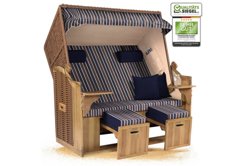 Strandkorb Hanse Strandkorb Strandkorb XXL 2,5Sitzer Volllieger Blau Braun Weiß Gestreift Montiert, BxTxH: 150x80x160 cm, Ostsee XXL Volllieger, Ostsee 2,5-Sitzer Modell 2025, Stabiles Wacholder mit handgefertigtem Polyrattangeflecht von Strandkorb Hanse