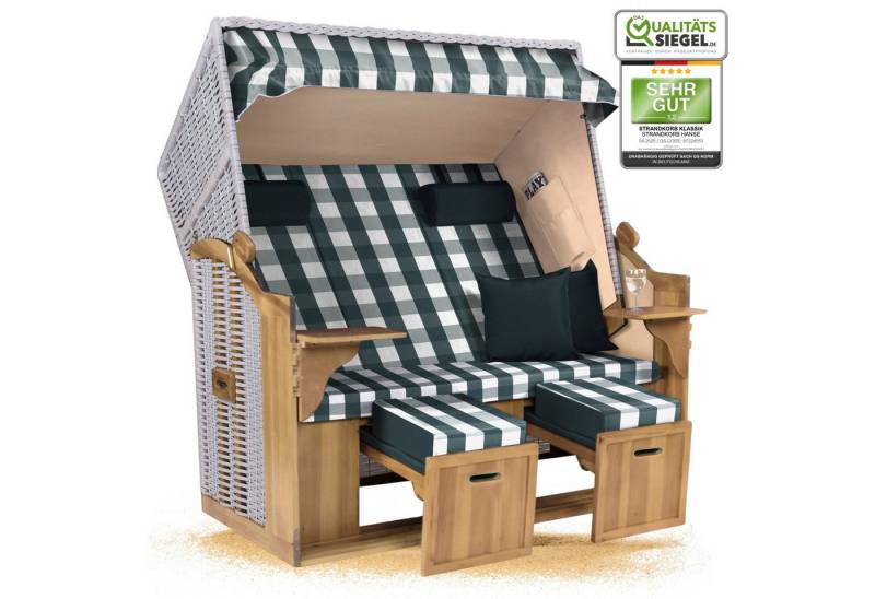 Strandkorb Hanse Strandkorb Strandkorb Ostsee XXL 2,5 Sitzer Volllieger Grün Weiß Kariert Montiert, BxTxH: 150x80x160 cm, Ostsee XXL Volllieger, Ostsee 2,5-Sitzer Modell 2025, Stabiles Wacholder mit handgefertigtem Polyrattangeflecht von Strandkorb Hanse