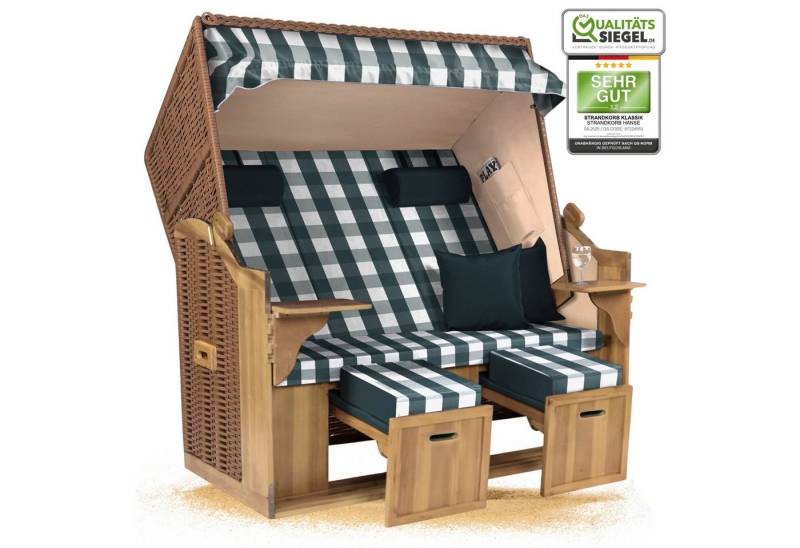 Strandkorb Hanse Strandkorb Strandkorb Ostsee XXL 2,5-Sitzer Volllieger Grün Weiß Kariert Zerlegt, BxTxH: 150x80x160 cm, Ostsee XXL Volllieger, Ostsee 2,5-Sitzer Modell 2025, Stabiles Wacholder mit handgefertigtem Polyrattangeflecht von Strandkorb Hanse