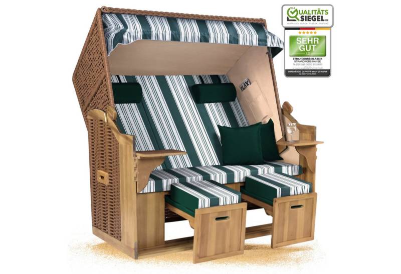 Strandkorb Hanse Strandkorb Strandkorb Ostsee XXL 2,5-Sitzer Beige Grün Weiß Gestreift Montiert, BxTxH: 150x80x160 cm, Ostsee XXL Volllieger, Ostsee 2,5-Sitzer Modell 2025, Stabiles Wacholder mit handgefertigtem Polyrattangeflecht von Strandkorb Hanse