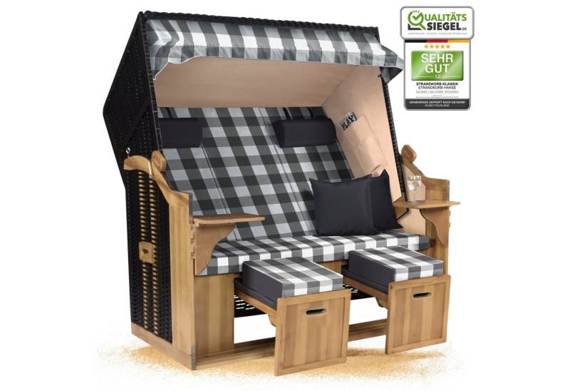 Strandkorb Hanse Strandkorb Strandkorb Ostsee XXL 2,5 Sitzer Volllieger Grau Weiß Kariert Zerlegt, BxTxH: 150x80x160 cm, Ostsee XXL Volllieger, Ostsee 2,5-Sitzer Modell 2025, Stabiles Wacholder mit handgefertigtem Polyrattangeflecht von Strandkorb Hanse
