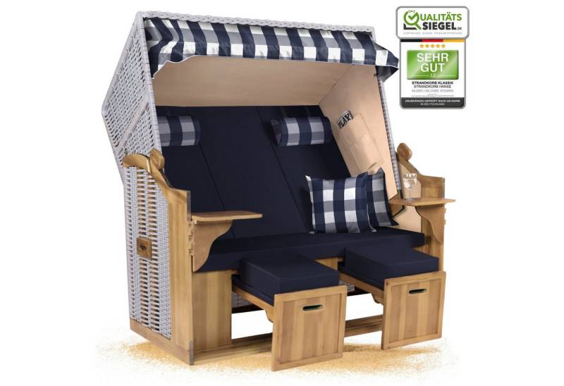 Strandkorb Hanse Strandkorb Strandkorb Ostsee XXL 2,5-Sitzer Volllieger Blau Weiß Kariert Zerlegt, BxTxH: 150x80x160 cm, Ostsee XXL Volllieger, Ostsee 2,5-Sitzer Modell 2025, Stabiles Wacholder mit handgefertigtem Polyrattangeflecht von Strandkorb Hanse