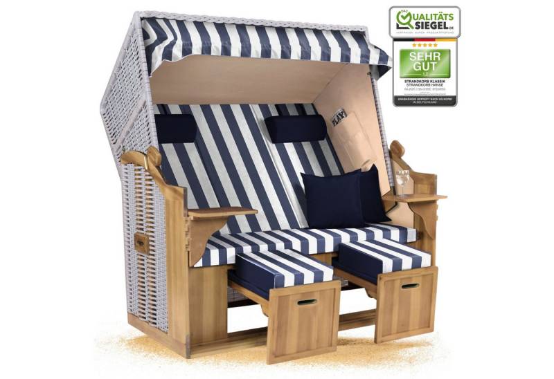 Strandkorb Hanse Strandkorb Strandkorb XXL Ostsee 2,5-Sitzer Volllieger Weiß Blau, BxTxH: 150x80x160 cm, Ostsee XXL Volllieger, Ostsee 2,5-Sitzer Modell 2025, Stabiles Wacholder mit handgefertigtem Polyrattangeflecht von Strandkorb Hanse