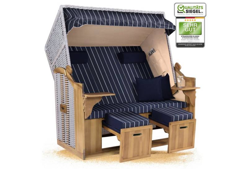 Strandkorb Hanse Strandkorb Strandkorb XXL 2,5-Sitzer Volllieger Blau Weiß Nadelstreifen Zerlegt, BxTxH: 150x80x160 cm, Ostsee XXL Volllieger, Ostsee 2,5-Sitzer Modell 2025, Stabiles Wacholder mit handgefertigtem Polyrattangeflecht von Strandkorb Hanse