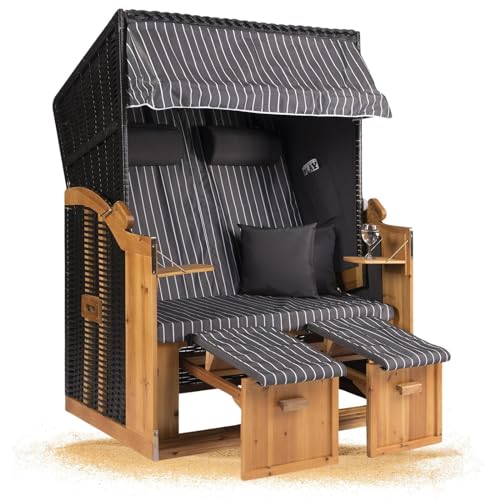 Strandkorb Hanse Strandkorb Ostsee XXL Volllieger Anthrazit - 2-Sitzer 120cm breit, ideal für Garten, Terrasse und Balkon (Grau Weiß Nadelstreifen, Zerlegt) von Strandkorb Hanse