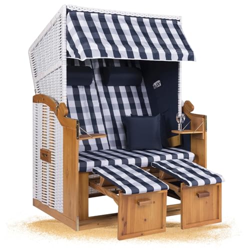 Strandkorb Hanse Strandkorb Ostsee XXL Volllieger Weiß Blau - 2-Sitzer 120cm breit, ideal für Garten, Terrasse und Balkon (Weiß Blau Kariert, Zerlegt) von Strandkorb Hanse