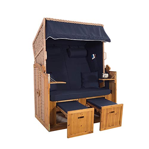 2-Sitzer Natur Ostseestrandkorb Hörnum - Strandkorb Volllieger mit ausziehbaren Fußablagen – inkl. Nackenkissen und Kuschelkissen Set (Uni, Blau) von Strandkorbwerk