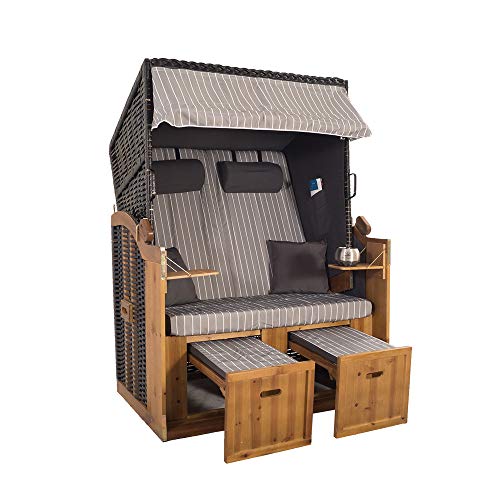 2-Sitzer Schwarz Ostseestrandkorb Hörnum Strandkorb Volllieger mit Fußablagen – inkl. Nackenkissen und Kuschelkissen Set (Nadelstreifen, Grau) von Strandkorbwerk