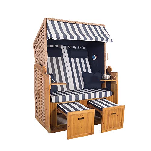 2-Sitzer Strandkorb Hörnum - Volllieger mit Fußablagen – inkl. Nackenkissen und Kuschelkissen Set - (Geflecht - Natur, Blau - Blockstreifen) von Strandkorbwerk
