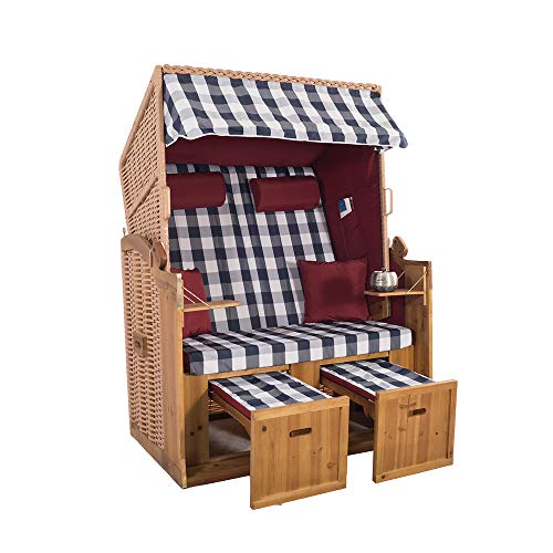 2-Sitzer Strandkorb Hörnum - Volllieger mit Fußablagen – inkl. Nackenkissen und Kuschelkissen Set - (Geflecht - Natur, Rot-Blau - Kariert) von Strandkorbwerk