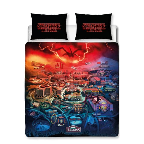 Stranger Things Character World Offizieller Bettbezug für Doppelbett | Hawkins Stadtkarte-Design, wendbar, pflegeleicht, 2-seitiges Bettwäsche-Set mit passenden Kissenbezügen, Mehrfarbig Bedruckt von Stranger Things