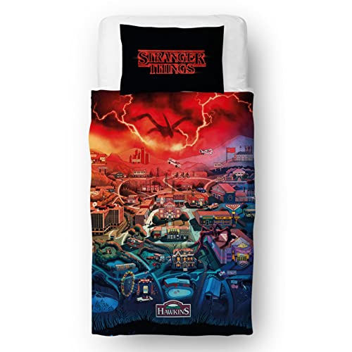 Stranger Things Character World Offizieller Einzelbett-Bettbezug | Hawkins Stadtkarte Design, wendbar, pflegeleicht, 2-seitiges Bettwäsche-Set mit passendem Kissenbezug, mehrfarbiger Druck von Stranger Things