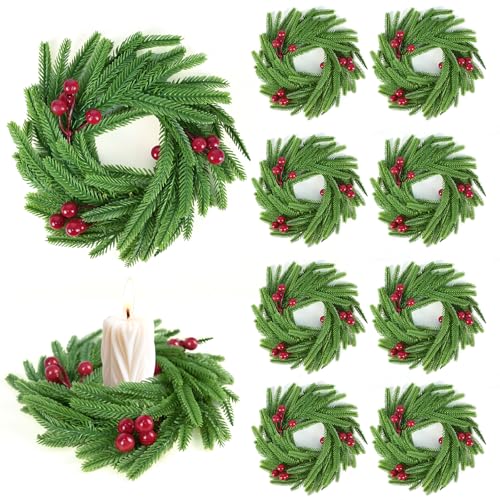 Stranthother Norfolk Kiefernkranz, Kerzenring, künstliche Norfolk-Kiefer-Kerzenringe mit roten Beeren, Kerzenhalter, für Weihnachten, Adventsfeiertage, Dekorationen, Tischdekoration, 8 Stück Stranthother Norfolk Kiefernkranz, Kerzenring, künstliche Norfolk-Kiefer-Kerzenringe mit roten Beeren, Kerzenhalter, für Weihnachten, Adventsfeiertage, Dekorationen, Tischdekoration, 8 Stück von Stranthother