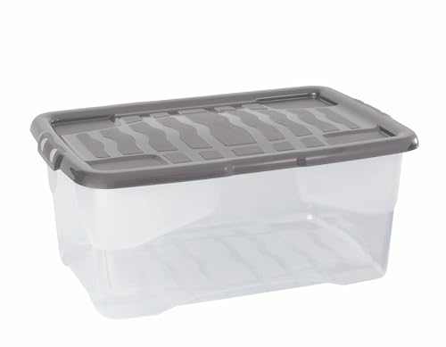 Strata 4x42 Liter stapelbare Aufbewahrungsbox aus Kunststoff und Deckel mit aufsteckbaren Deckeln, 4 Stück, Multi-Aufbewahrungsbox für Zuhause und Büro, transparente Box, grauer Deckel,25cm H x 40cm B von Strata