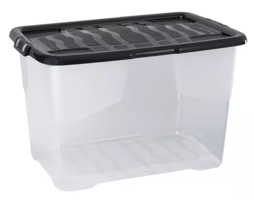 Strata 5 x 65 l Kunststoff-Aufbewahrungsbox mit schwarzem Deckel – stapelbarer, transparenter und langlebiger Behälter für Zuhause und Büro (41 cm H x 39 cm B x 60 cm T) von Strata