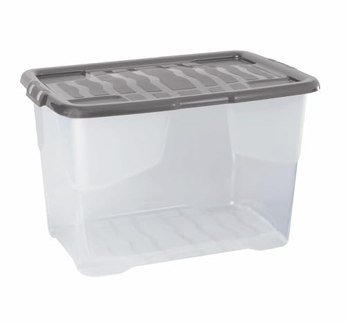 Strata 6 x 65 Liter stapelbare Aufbewahrungsbox aus Kunststoff mit Deckel mit aufsteckbaren Deckeln, 6er-Pack, Multi-Aufbewahrungsbox für Zuhause und Büro, transparente Box, grauer Deckel von Strata