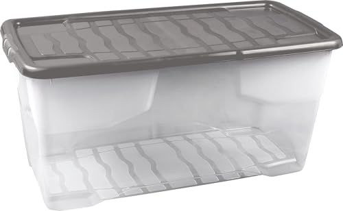 Strata 6 x 80 Liter stapelbare Aufbewahrungsbox aus Kunststoff mit Deckel mit aufsteckbaren Deckeln, 6er-Pack, Multi-Aufbewahrungsbox für Zuhause und Büro, transparente Box, grauer Deckel von Strata