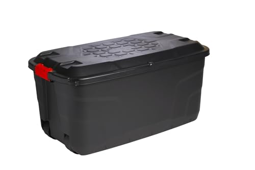 Strata Robuste Große Aufbewahrungsbox Mit Deckel, 145 L, Abschließbar, Für Innen- Und Außenbereich, Mit Rollen, Schwarz Mit Roten Griffen von Strata