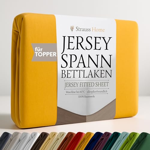 Strauss Home® Jersey Spannbettlaken Spannbetttuch Bettlaken 100% Baumwolle Topper (10cm Höhe) 140x200-160x200cm Senfgelb/Safran von Strauss Home