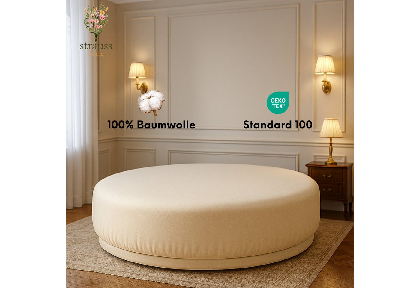 Strauss Home Spannbettlaken Premium RUND 220x220 bis 25cm 100% Baumwolle 150GSM Jersey, Gummizug: Rundumgummizug, 150GSM Strauss Home Spannbettlaken Premium RUND 220x220 bis 25cm 100% Baumwolle 150GSM Jersey, Gummizug: Rundumgummizug, 150GSM von Strauss Home