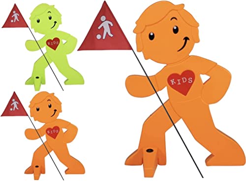 StreetBuddy - Warnfigur mit Fahne, reflektierender Warnaufsteller für Kindersicherheit - Achtung langsam Fahren - Vorsicht spielende Kinder - Autofahrer Warnung - Set (1 x grün, 2 x orange, 3er Pack) von StreetBuddy