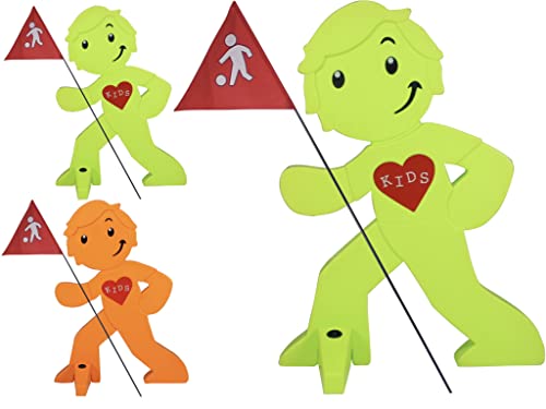 StreetBuddy - Warnfigur mit Fahne, reflektierender Warnaufsteller für Kindersicherheit - Achtung langsam Fahren - Vorsicht spielende Kinder - Autofahrer Warnung - Set (2 x grün, 1 x orange, 3er Pack) von StreetBuddy