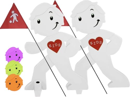 StreetBuddy - Warnfigur mit Fahne, reflektierender Warnaufsteller für Kindersicherheit - Achtung langsam Fahren - Vorsicht spielende Kinder - Schild Autofahrer Warnung (2X Weiß) von StreetBuddy