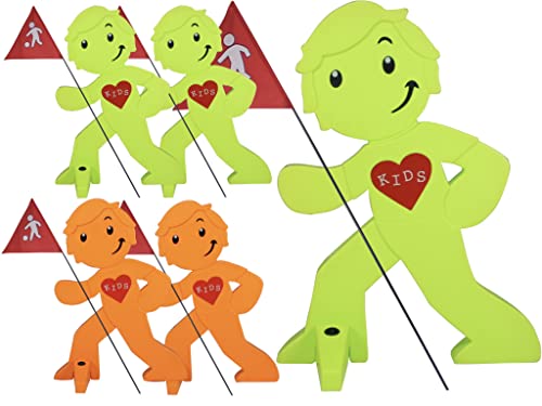 StreetBuddy - Warnfigur mit Fahne, reflektierender Warnaufsteller für Kindersicherheit - Achtung langsam Fahren - Vorsicht spielende Kinder - Schild Autofahrer Warnung - Set (3 x grün, 2 x orange) von StreetBuddy