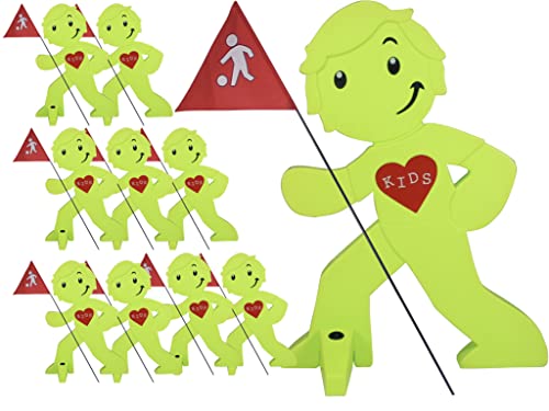 StreetBuddy - Warnfigur mit Fahne, reflektierender Warnaufsteller für Kindersicherheit - Achtung langsam Fahren - Vorsicht spielende Kinder - Schild Autofahrer Warnung - Set (Grün, 10er Pack) von StreetBuddy