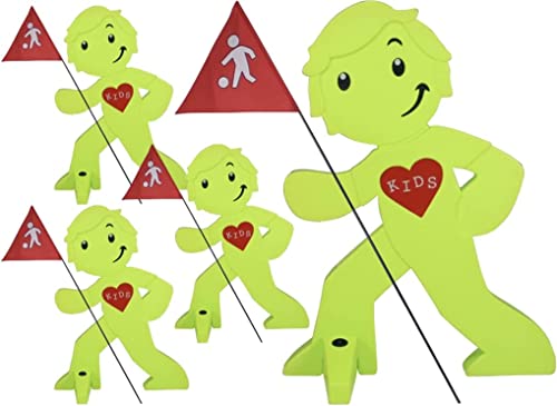 StreetBuddy - Warnfigur mit Fahne, reflektierender Warnaufsteller für Kindersicherheit - Achtung langsam Fahren - Vorsicht spielende Kinder - Schild Autofahrer Warnung - Set (Grün, 4er Pack) von StreetBuddy