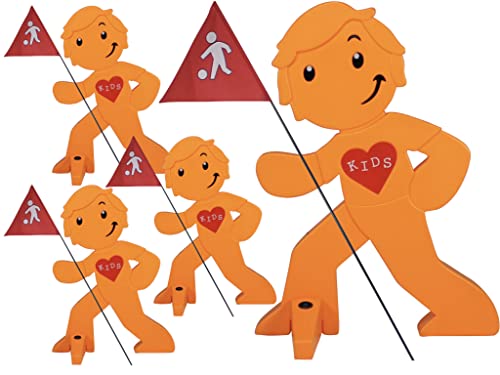 StreetBuddy - Warnfigur mit Fahne, reflektierender Warnaufsteller für Kindersicherheit - Achtung langsam Fahren - Vorsicht spielende Kinder - Schild Autofahrer Warnung - Set (Orange, 4er Pack) von StreetBuddy