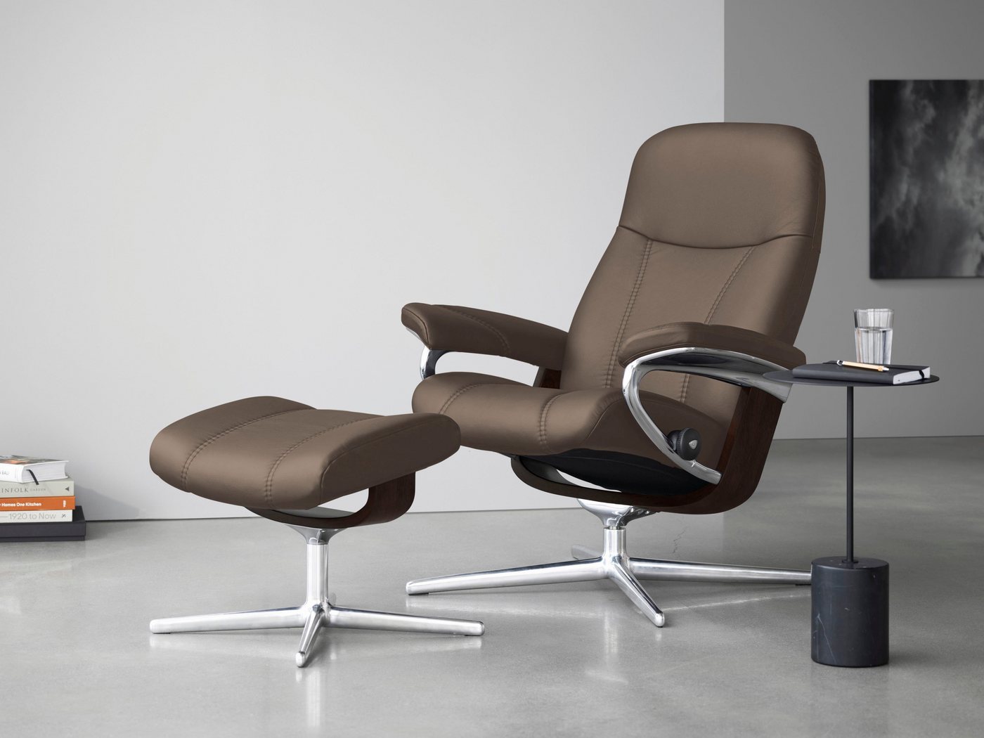 Stressless® Relaxsessel Consul (Set, Relaxsessel mit Hocker), mit Hocker, mit Cross Base, Größe S, M & L, Holzakzent Braun von Stressless®