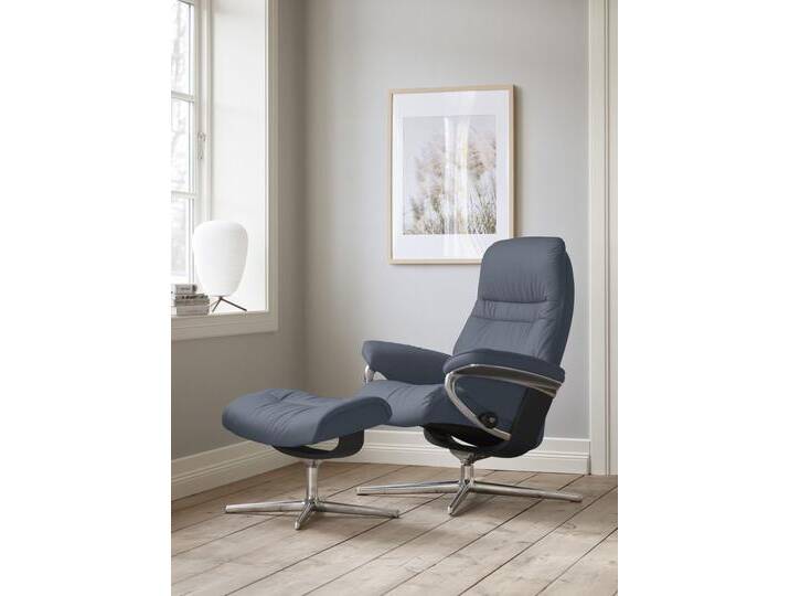 Fußhocker STRESSLESS Sunrise , blau (sparrow blau paloma), B:57cm H:42cm T:40cm, Leder PALOMA: PALOMA ist ein durchgefärbtes Semianilin-Möbelleder mit natürlicher Narbung., Hocker, mit Cross Base, Größe S, M & L, Holzakzent Schwarz von Stressless