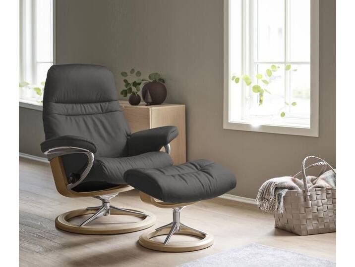 Fußhocker STRESSLESS Sunrise , grau (rock paloma), B:57cm H:42cm T:40cm, Leder BATICK: BATICK ist ein leicht korrigiertes, durchgefärbtes und genarbtes Möbelleder, bei dem die meisten Unebenheiten und Spuren in der Regel entfernt wurden., Leder PALOMA: PALOMA ist ein durchgefärbtes Semianilin-Möbelleder mit natürlicher Narbung., ROHLEDER Stoff Q2 FARON: Ein fester zuverlässiger Bouclu00e9 mit einem strukturierten Aussehen und einer komfortablen Oberfläche (100% Polyester im Flor, Grundgewebe: 50% Polyester, 50% Polyacryl), Struktur fein JASMINE (90% Polyester, 10% Baumwolle), Hocker, mit Signature Base, Gestell Eiche von Stressless