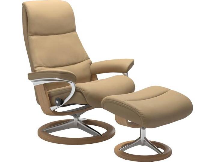 Fußhocker STRESSLESS View , beige (sand paloma), B:57cm H:43cm T:47cm, Leder BATICK: BATICK ist ein leicht korrigiertes, durchgefärbtes und genarbtes Möbelleder, bei dem die meisten Unebenheiten und Spuren in der Regel entfernt wurden., Leder PALOMA: PALOMA ist ein durchgefärbtes Semianilin-Möbelleder mit natürlicher Narbung., ROHLEDER Stoff Q2 FARON: Ein fester zuverlässiger Bouclu00e9 mit einem strukturierten Aussehen und einer komfortablen Oberfläche (100% Polyester im Flor, Grundgewebe: 50% Polyester, 50% Polyacryl), Struktur fein JASMINE (90% Polyester, 10% Baumwolle), Hocker, mit Signature Base,Gestell Eiche von Stressless