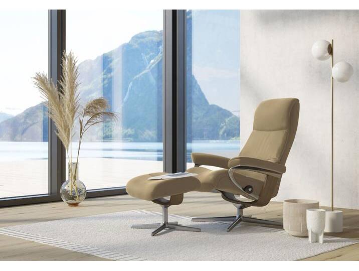 Fußhocker STRESSLESS View , beige (sand paloma), B:57cm H:43cm T:47cm, Leder PALOMA: PALOMA ist ein durchgefärbtes Semianilin-Möbelleder mit natürlicher Narbung., Hocker, mit Cross Base, Größe S, M & L, Holzakzent Eiche von Stressless