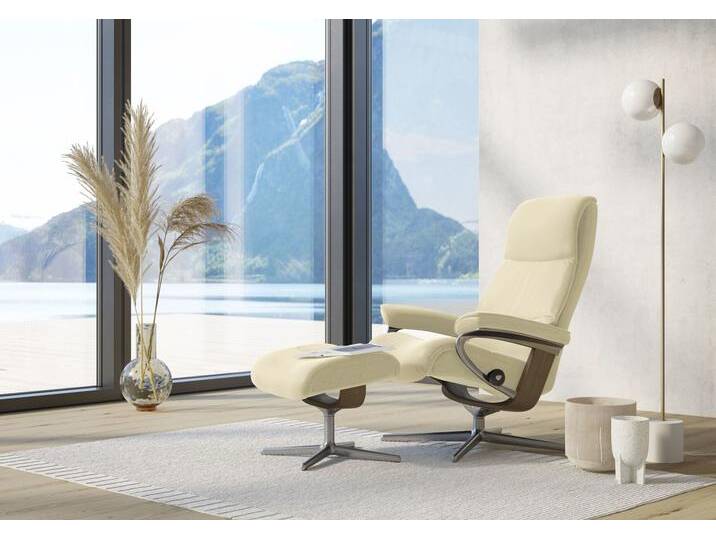 Fußhocker STRESSLESS View , beige (vanilla paloma), B:57cm H:43cm T:47cm, Leder PALOMA: PALOMA ist ein durchgefärbtes Semianilin-Möbelleder mit natürlicher Narbung., Hocker, mit Cross Base, Größe S, M & L, Holzakzent Eiche von Stressless