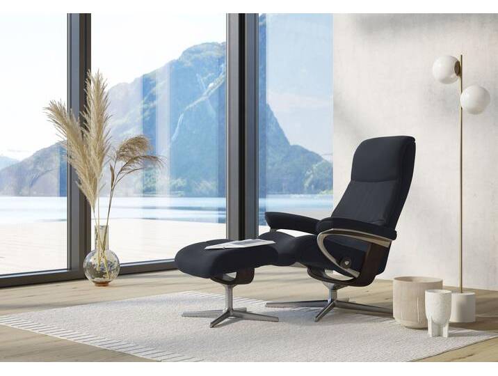 Fußhocker STRESSLESS View , blau (shadow blau paloma), B:57cm H:43cm T:47cm, Leder PALOMA: PALOMA ist ein durchgefärbtes Semianilin-Möbelleder mit natürlicher Narbung., Hocker, mit Cross Base, Größe S, M & L, Holzakzent Braun von Stressless