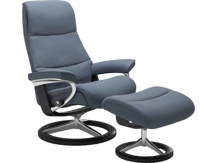 Fußhocker STRESSLESS View , blau (sparrow blau paloma), B:57cm H:43cm T:47cm, Leder BATICK: BATICK ist ein leicht korrigiertes, durchgefärbtes und genarbtes Möbelleder, bei dem die meisten Unebenheiten und Spuren in der Regel entfernt wurden., Leder PALOMA: PALOMA ist ein durchgefärbtes Semianilin-Möbelleder mit natürlicher Narbung., ROHLEDER Stoff Q2 FARON: Ein fester zuverlässiger Bouclu00e9 mit einem strukturierten Aussehen und einer komfortablen Oberfläche (100% Polyester im Flor, Grundgewebe: 50% Polyester, 50% Polyacryl), Struktur fein JASMINE (90% Polyester, 10% Baumwolle), Hocker, Fußhocker, mit Signature Base,Gestell Schwarz von Stressless