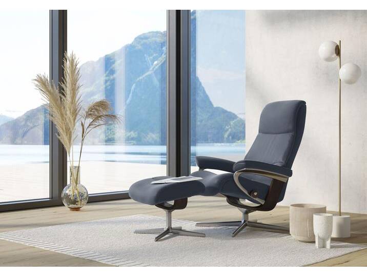 Fußhocker STRESSLESS View , blau (sparrow blau paloma), B:57cm H:43cm T:47cm, Leder PALOMA: PALOMA ist ein durchgefärbtes Semianilin-Möbelleder mit natürlicher Narbung., Hocker, mit Cross Base, Größe S, M & L, Holzakzent Braun von Stressless