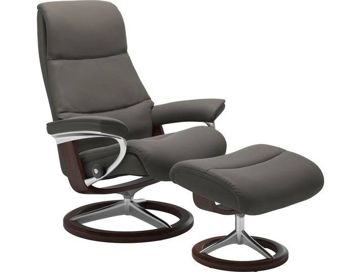 Fußhocker STRESSLESS View , grau (metal grau paloma), B:57cm H:43cm T:47cm, Leder BATICK: BATICK ist ein leicht korrigiertes, durchgefärbtes und genarbtes Möbelleder, bei dem die meisten Unebenheiten und Spuren in der Regel entfernt wurden., Leder PALOMA: PALOMA ist ein durchgefärbtes Semianilin-Möbelleder mit natürlicher Narbung., ROHLEDER Stoff Q2 FARON: Ein fester zuverlässiger Bouclu00e9 mit einem strukturierten Aussehen und einer komfortablen Oberfläche (100% Polyester im Flor, Grundgewebe: 50% Polyester, 50% Polyacryl), Struktur fein JASMINE (90% Polyester, 10% Baumwolle), Hocker, mit Signature Base,Gestell Braun von Stressless