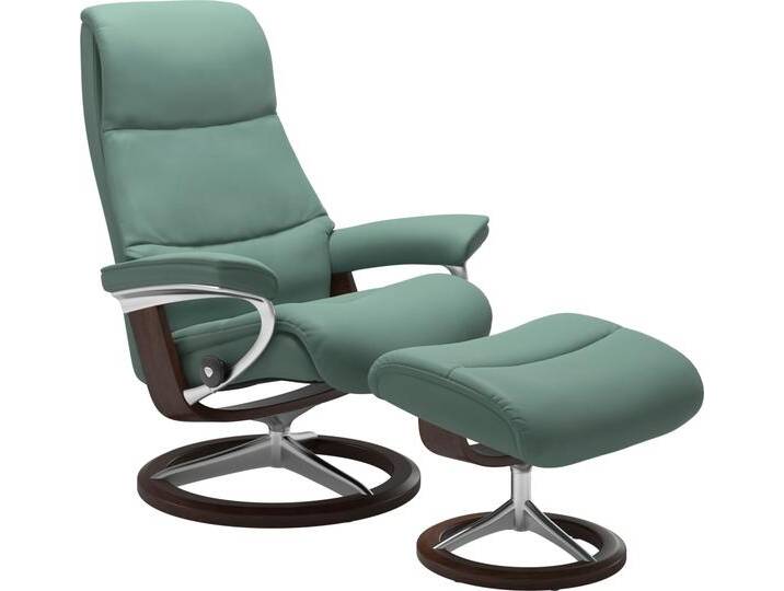 Fußhocker STRESSLESS View , grün (aqua grün paloma), B:57cm H:43cm T:47cm, Leder BATICK: BATICK ist ein leicht korrigiertes, durchgefärbtes und genarbtes Möbelleder, bei dem die meisten Unebenheiten und Spuren in der Regel entfernt wurden., Leder PALOMA: PALOMA ist ein durchgefärbtes Semianilin-Möbelleder mit natürlicher Narbung., ROHLEDER Stoff Q2 FARON: Ein fester zuverlässiger Bouclu00e9 mit einem strukturierten Aussehen und einer komfortablen Oberfläche (100% Polyester im Flor, Grundgewebe: 50% Polyester, 50% Polyacryl), Struktur fein JASMINE (90% Polyester, 10% Baumwolle), Hocker, mit Signature Base,Gestell Braun von Stressless